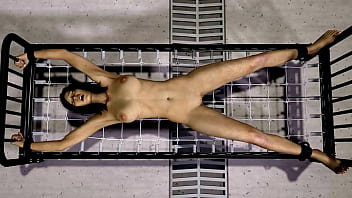 Girl stretched out on a metal cot and electrocuted. This is a 3D animation with no sound.