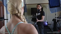 Black camera man Mickey Mod shooting sexy ass blonde MILF Cherie DeVille in the gym then fucking her mouth and pussy with bbc in rope bondage